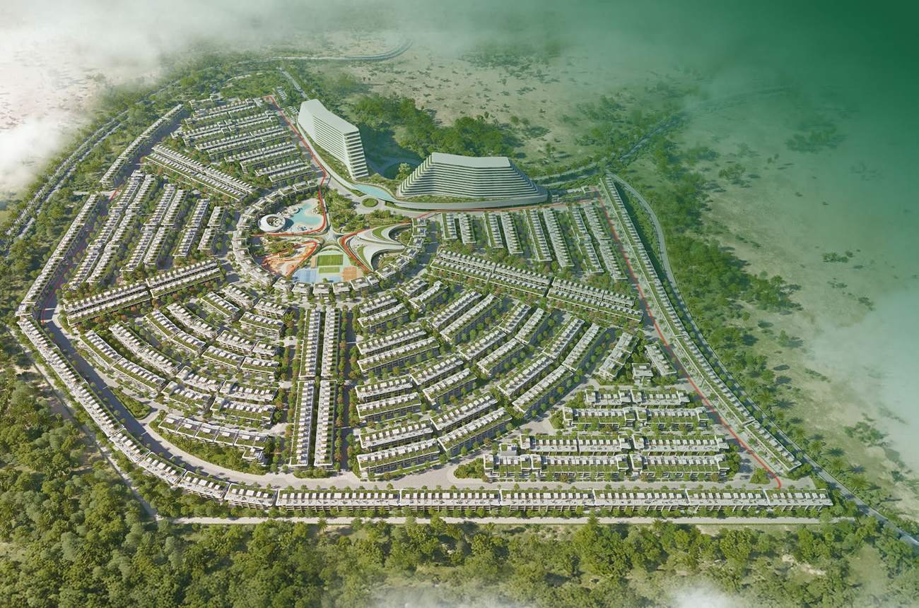 Aerial view of the Greenz master plan with a central park