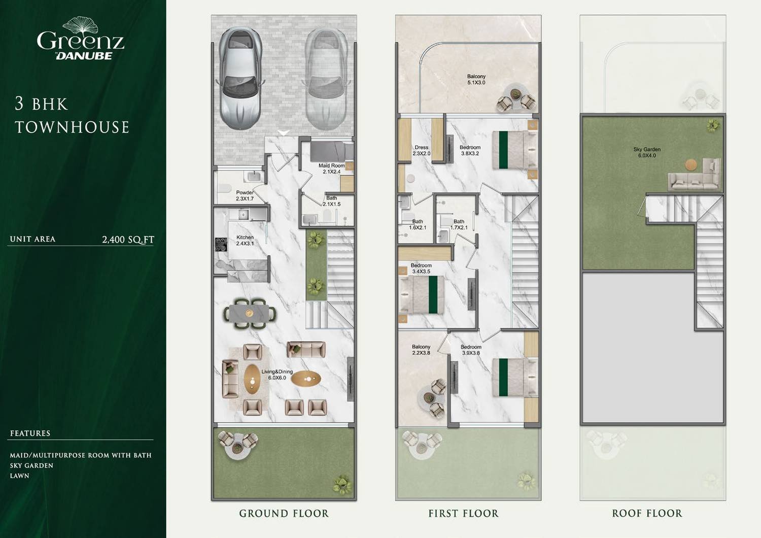 Greenz by Danube 3 BHK plus maid townhouse floor plan