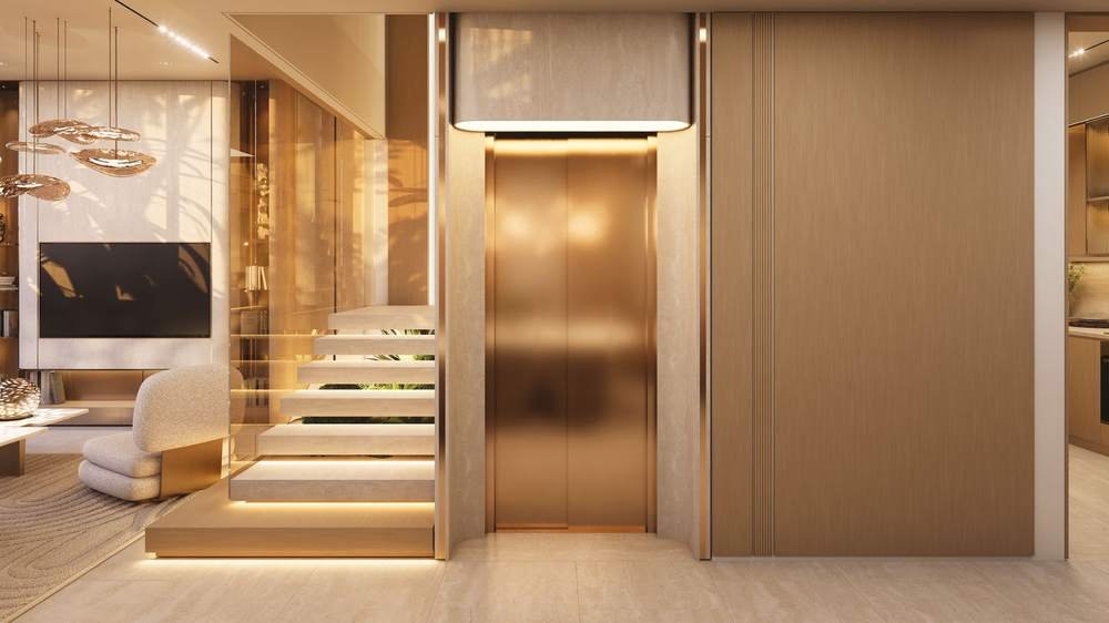 Floating staircase with a private elevator